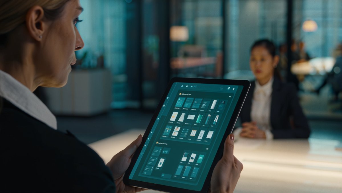 Vendedor mostrando el catálogo en una tablet frente al cliente
